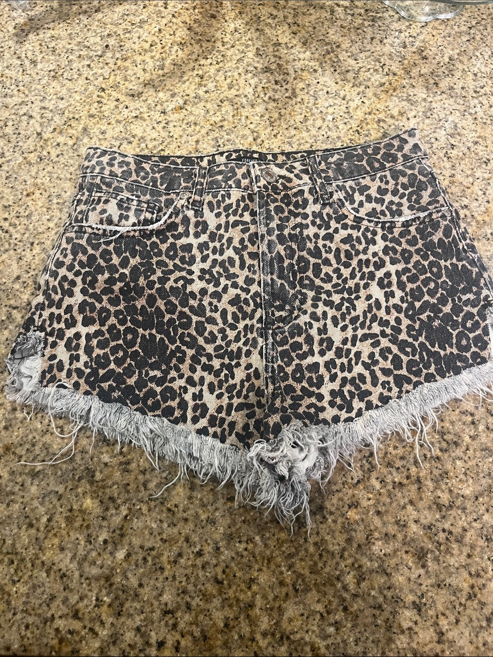 Leopard Print Frayed Denim Shorts - Tan/Black